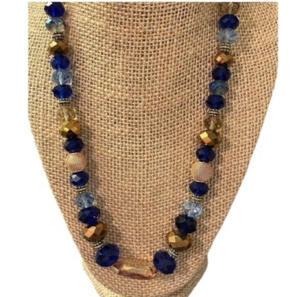 Vintage Glass Bead Necklace Cobalt Blue Gold Tone Faceted Hook Clasp - 21” - Picture 1 of 4